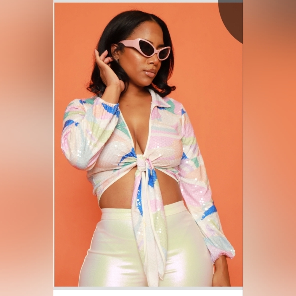Showtime Sequined Tie Up Crop Top - White Multicolor1X (14-16)